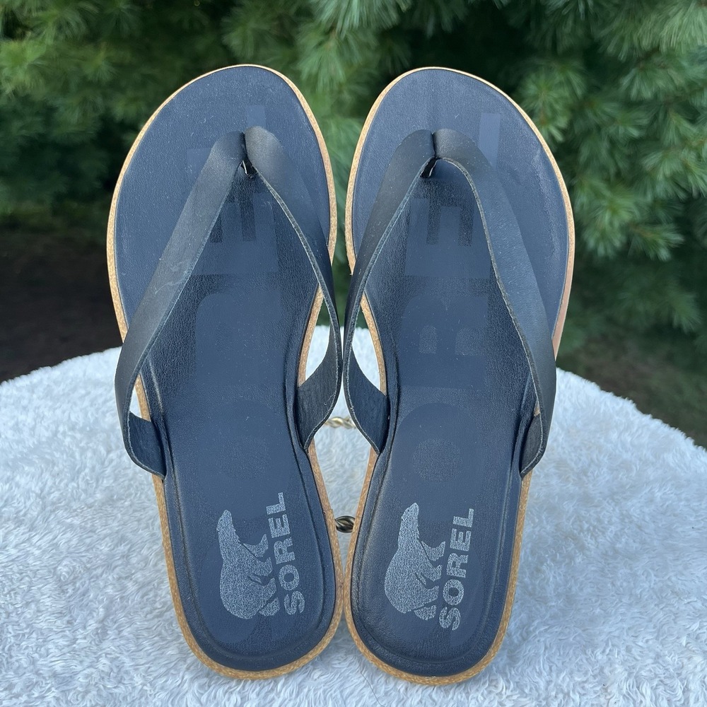 Sorel Ella II Flip Flop Womens 9.5 Black Leather Thong Sandals Slip On Toe Post